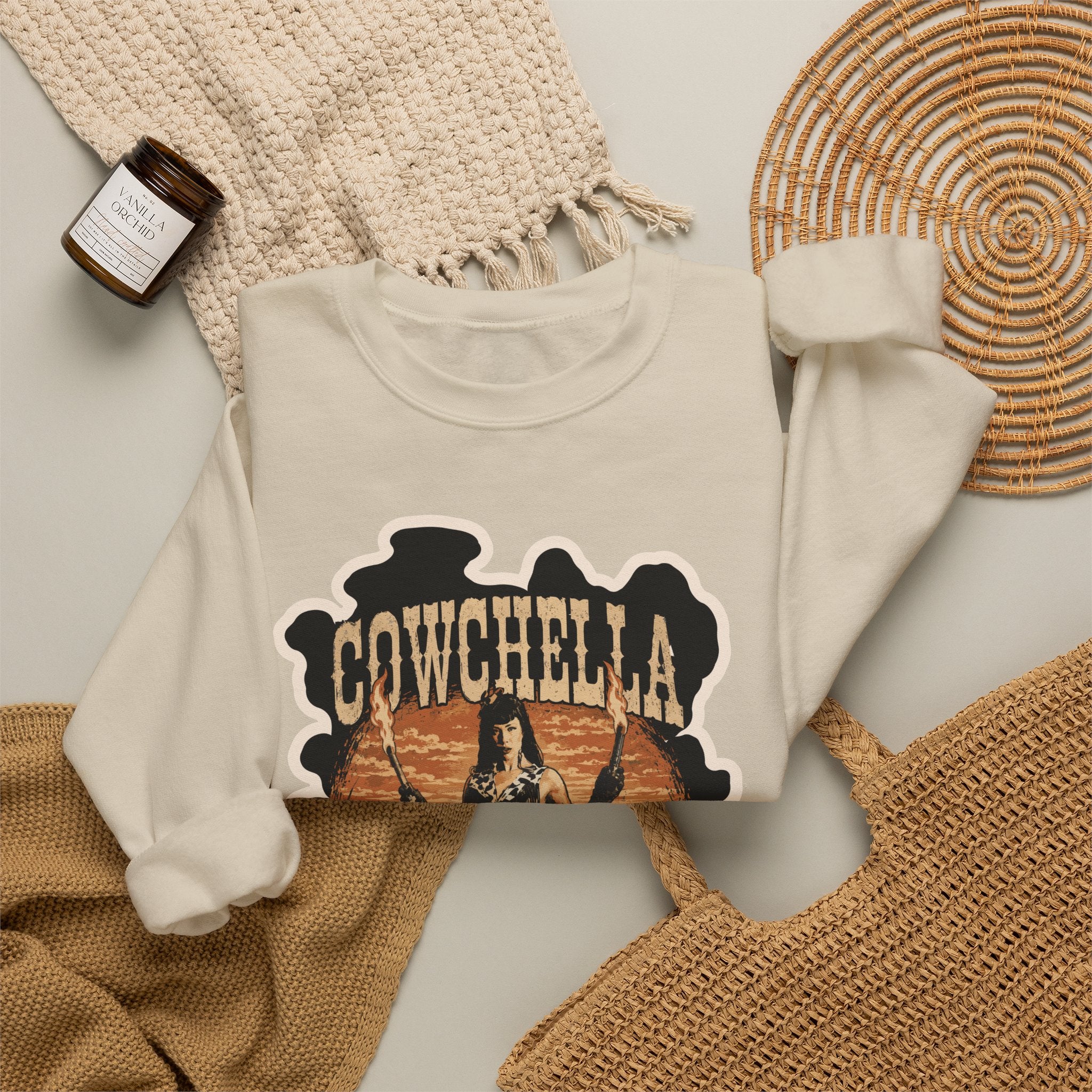 Cowchella Vintage Western Crewneck Sweatshirt — Retro Cowboy Festival Graphic
