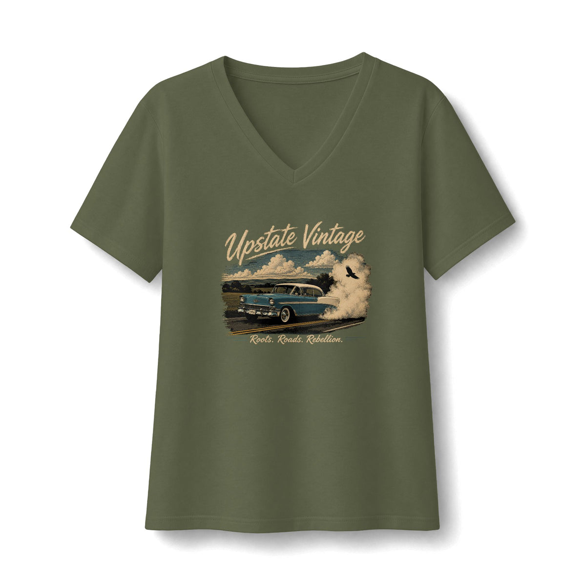 Vintage Road Trip V-Neck Tee — "Upstate Vintage" Classic Car Graphic