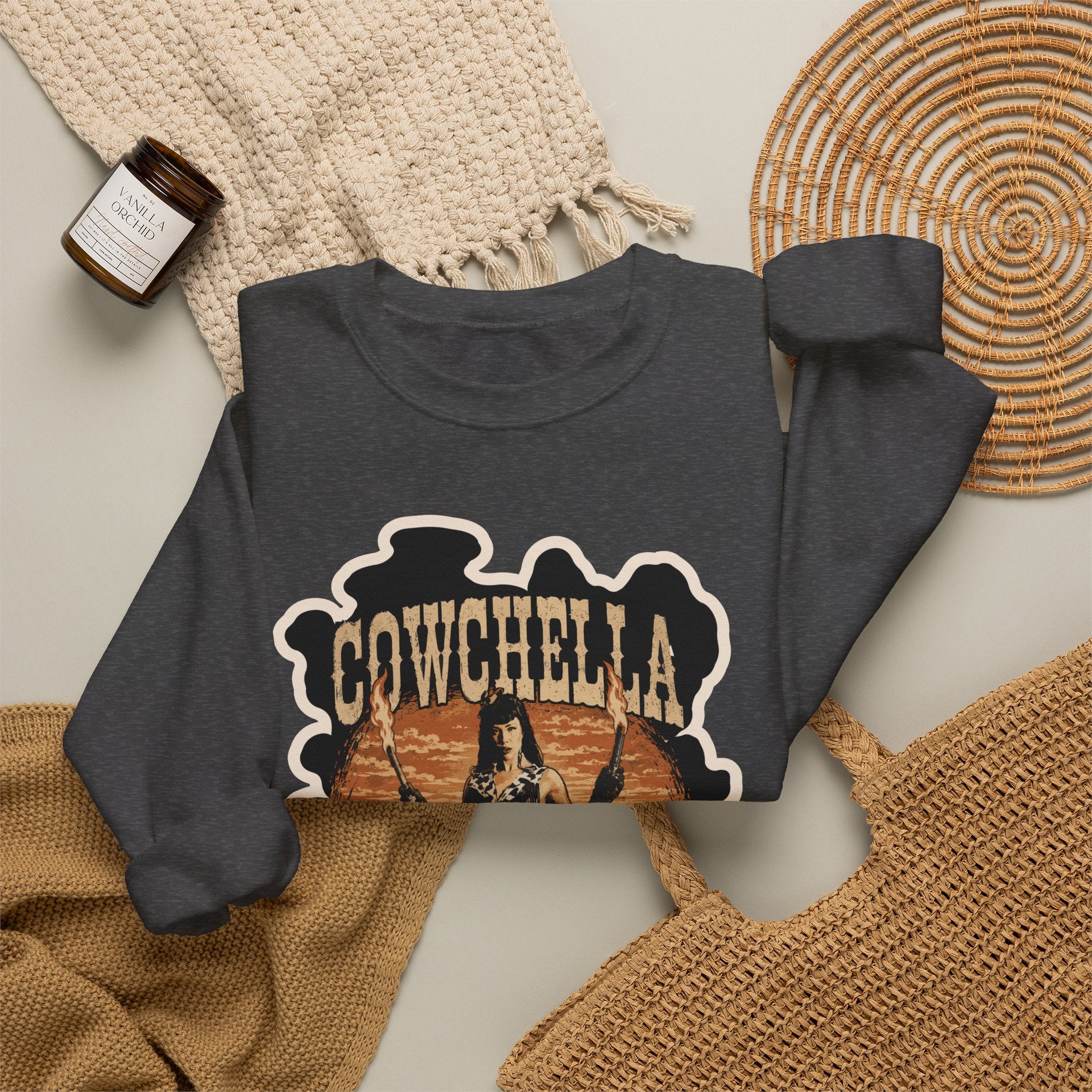 Cowchella Vintage Western Crewneck Sweatshirt — Retro Cowboy Festival Graphic